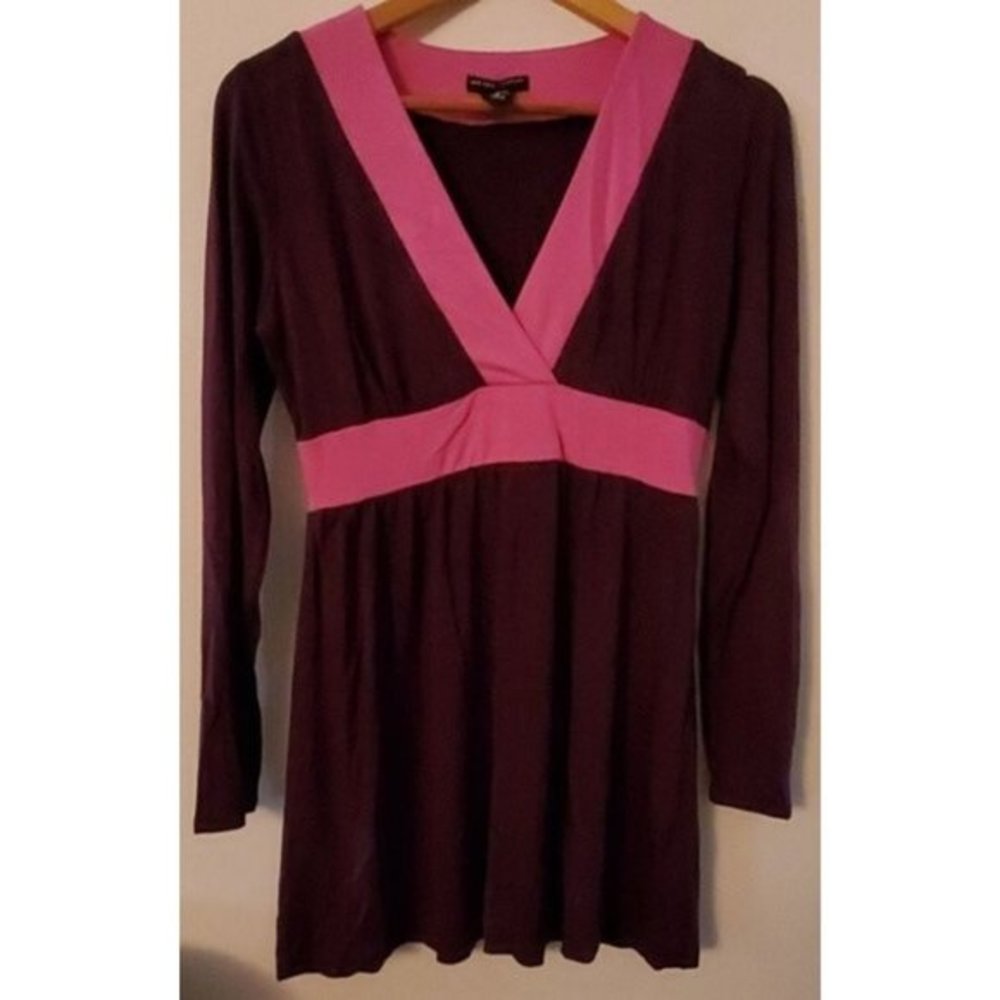New York & Co. Stretch V-Neck Empire Waist Long Sleeve Dress Burgundy Pink - Picture 2 of 6